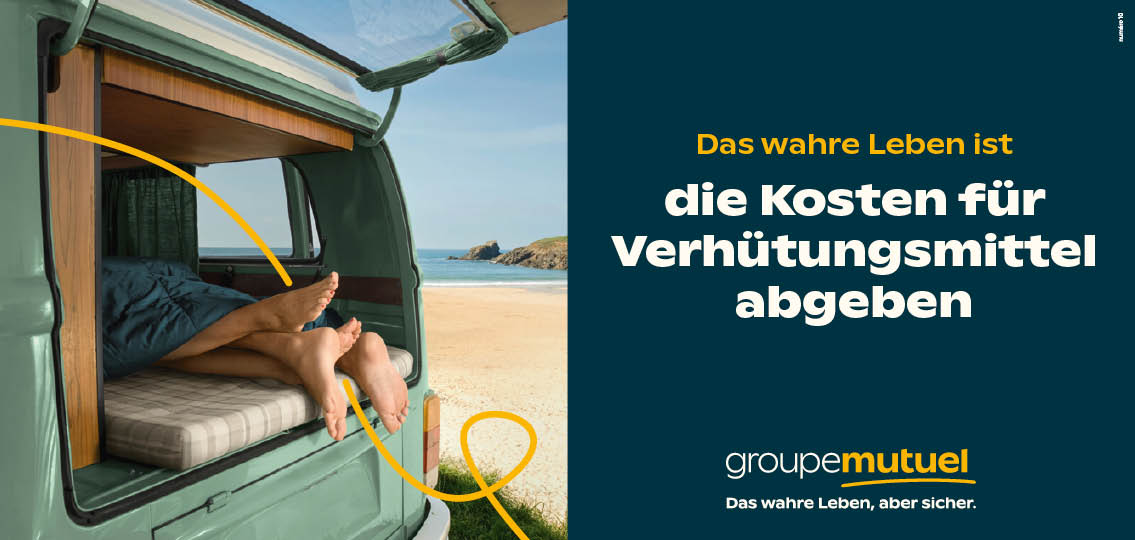 Image der Plakatkampagne und TV-Sponsoring von der zweisprachigen Kommunikationsagentur Numéro10 für die Groupe Mutuel.