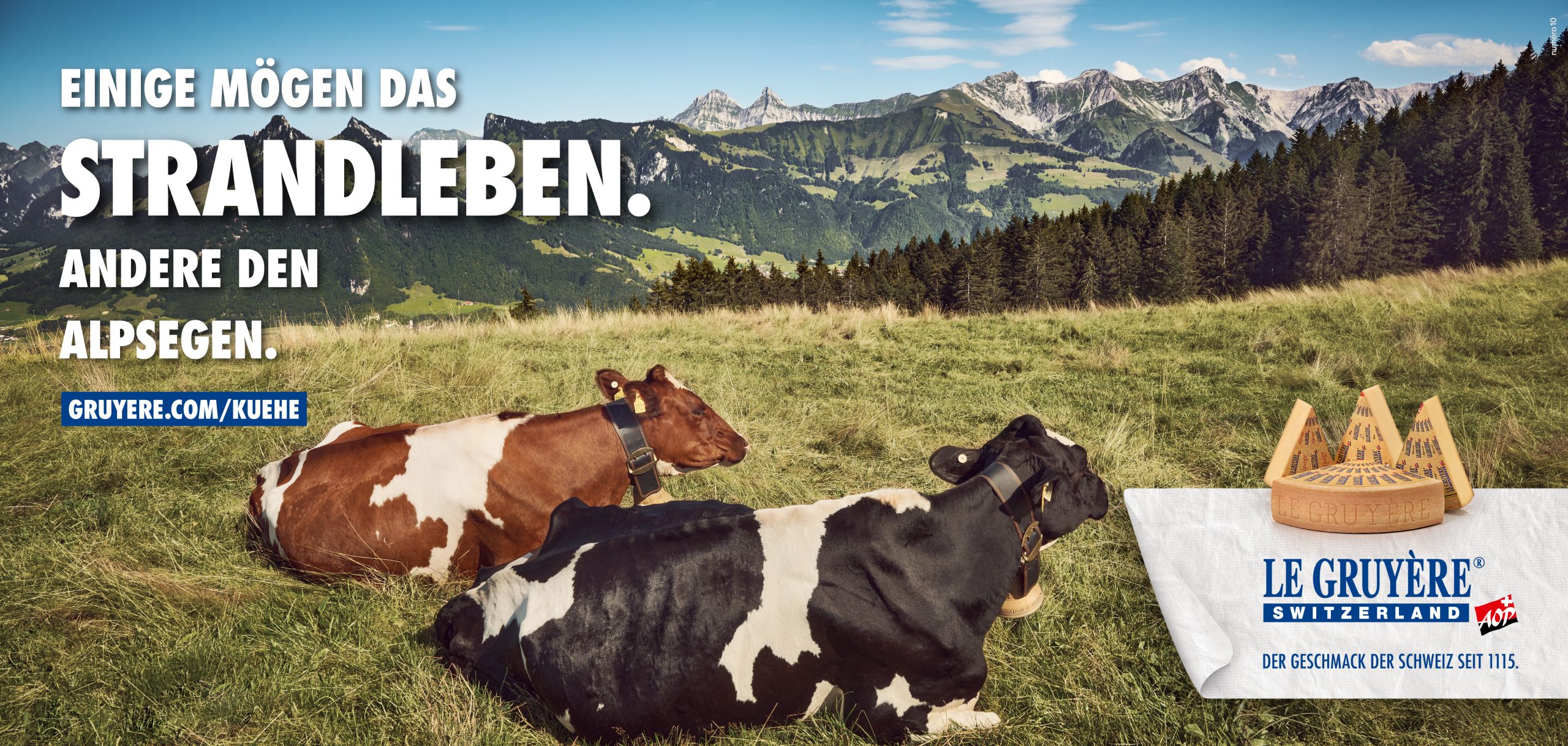Bild der 360-Grad-Kommunikationskampagne, offline und online, national und international, von der zweisprachigen Kommunikationsagentur Numéro10 für Le Gruyère AOP.