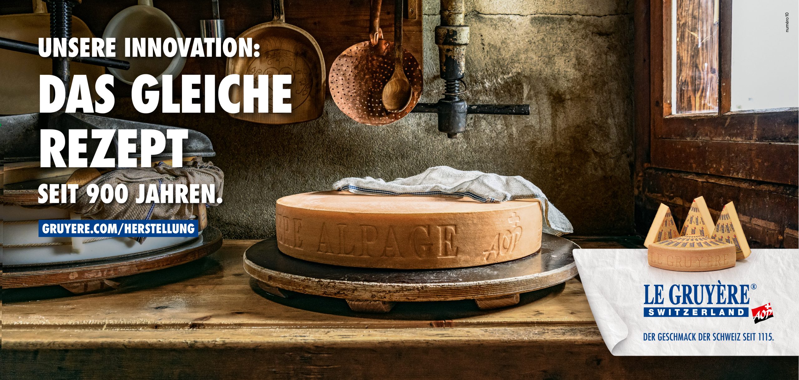 Bild der 360-Grad-Kommunikationskampagne, offline und online, national und international, von der zweisprachigen Kommunikationsagentur Numéro10 für Le Gruyère AOP.